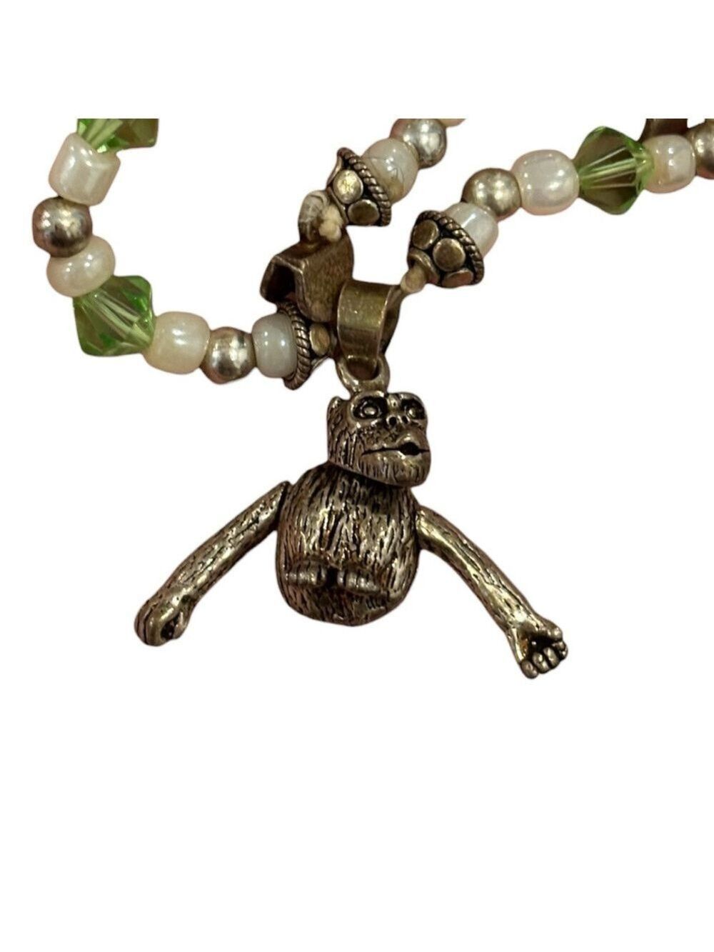 VTG STERLING APE ARTICULATED HEAD & ARMS ON SILVER GREEN GLASS BEADS WHIMSICAL